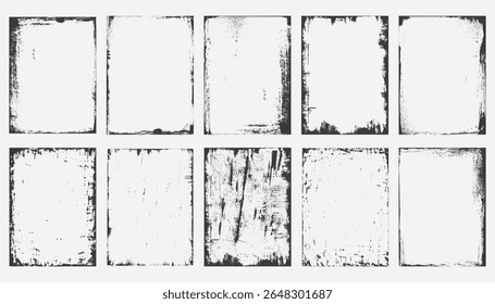 Big set of damaged paper texture, photo card, torn or ripped background, distressed overlay frame cover, filter, grainy stamp and grunge banner with grain, dust, ink splash and paint brush stroke.