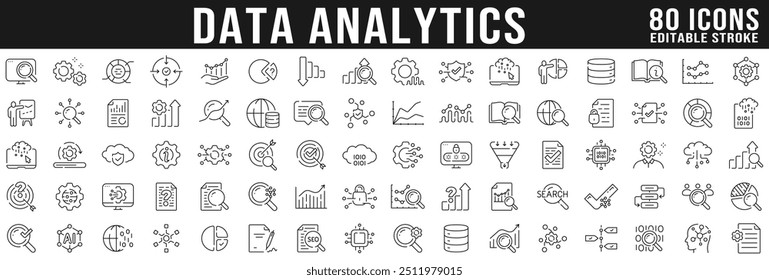 Gran conjunto de iconos de línea de análisis de datos. Gráfico, búsqueda, red, nube, base de datos, etc. Trazo editable.