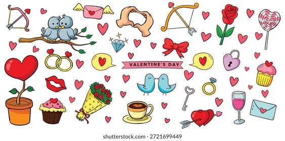 Großes Set zum Valentinstag - süße Liebesillustrationen und Schriftzug. 14. Februar Elemente, alle einzeln. Handgezeichnetes Vektordesign