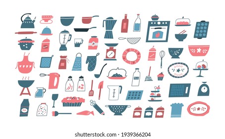 Big set of decorating clip art: kitchen objects, dishes, meals, cooking utensils, cooking elements in doodle style isolated on white. Hand drawn cartoon vector illustration.