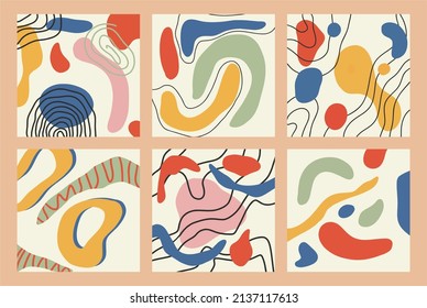 Gran conjunto de ilustraciones abstractas decorativas con dibujos coloridos. Dibujado a mano. Diseño plano, dibujos animados, ilustración vectorial. Plantilla para diseño e impresión en papel.