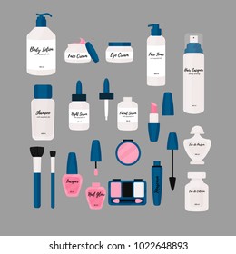 a big set of decorative and care cosmetic: face cream jars, bottles and flasks; mascara; brushes; powder; tint; nail polish or lacquer; eye shadows; isolated vector illustration in flat cartoon style