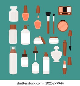 a big set of decorative and care cosmetic: face cream jars, bottles and flasks; mascara; brushes; powder; tint; nail polish or lacquer; eye shadows; isolated vector illustration in flat cartoon style