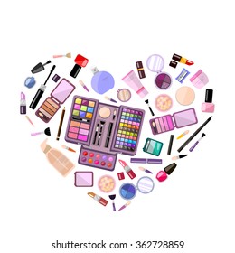 Big set of decorative cosmetics in heart shape, vector flat illustration, makeup case. Beauty store, shop