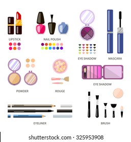 Big set of decorative cosmetics, vector flat illustration, make-up case. Beauty store, shop