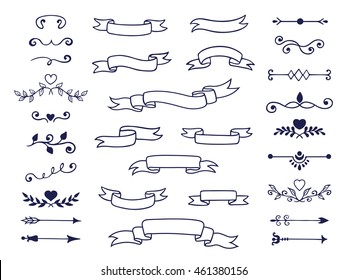 Big Set Of Decorative Elements For Design. Collection Of Ribbon Banner Scrolls, Dividers And Arrows. Vector Illustration.