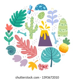 Big set of decorative elements: flowers, leaves, volcano, pineapple, bone, shell, footprints, stones, insects. Flat hand drawn vector collection for decoration posters, textiles, illustrations, books.