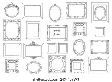 A big set of decorative frames of various shapes for your gallery of paintings, text or quotes, mirrors. Classic ornament, Beautiful shape. retro design, line style, Hand drawn vector illustration