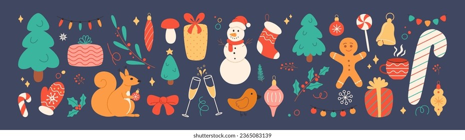 Big set of decorative holiday elements. Vector illustration with Christmas and New Year symbols and elements for decoration holiday wrappers, tissue, banners, posters, flyers, card and social media.