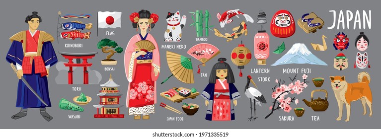 Big set of decorative Japanese culture symbols of art, traditions, history, nature. Traditional Japanese elements for souvenir decoration, promo goods, tourist guide maps. Vector illustration.