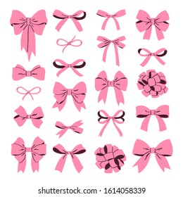 Big set of decorative pink comic bows and ribbons isolated on white background. 
For hair decoration, celebration party items, gift packaging on Christmas, Birthday, present cards and luxury wrap pack