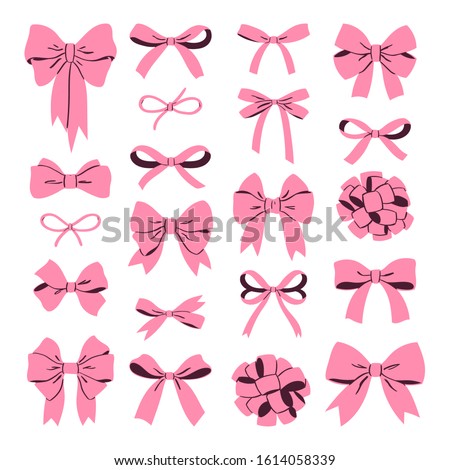 Big set of decorative pink comic bows and ribbons isolated on white background. 
For hair decoration, celebration party items, gift packaging on Christmas, Birthday, present cards and luxury wrap pack