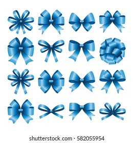 Big set of decorative red gift bows with ribbons. Vector illustration.