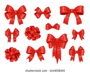 Big set of decorative red silk bows and ribbons isolated on white background. 
For hair decoration, celebration party items, gift packaging on Christmas or Birthday, present cards and luxury wrap pack