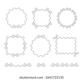 Big set of decorative ribbon frames with bows. Square, round, and oval borders in a modern vintage style. Perfect for invitations, greeting cards, tags, and baby or wedding designs.