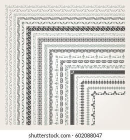 Big set of decorative seamless ornamental border with corner