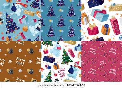 Big set of decorative seamless patterns for winter holidays. Christmas background with snowmen, Christmas trees, garlands. Collection of New Year wrapping paper for gifts. Cartoon vector illustration.