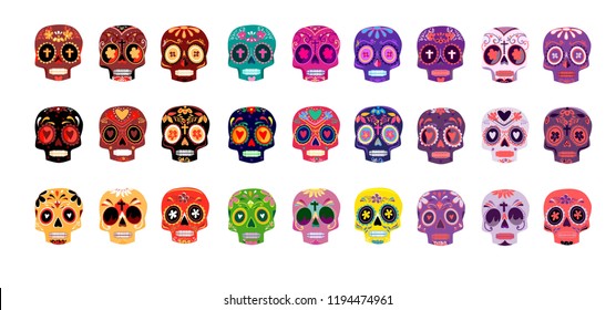 Big Set Decorative Skulls day of the dead vector illustration. Mexican Dia de los Muertos. 