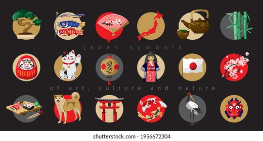 Big set of decorative symbols of culture, art, nature of Japan isolated on black. Collection of round signs of Eastern country. Traditional Japanese elements for decor, tourism. Vector iliustration.