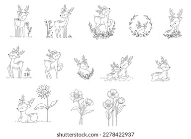 Big set deer animal cartoon with flower floral hand drawn,doodle,line art style Cute cartoon funny character. Pet collection. Flat design Baby background.vector illustration