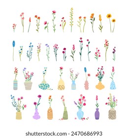 Big set of delicate graceful wildflowers vase tall stems foliage Simple floral elements Wild plants isolated white background Flat vector illustration cute