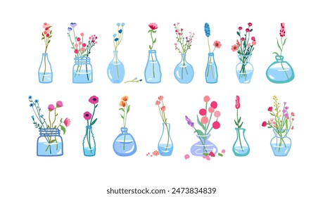 Big set of delicate graceful wildflowers 15 bouquets glass vase tall stems foliage. Simple floral elements Wild plants isolated white background Flat vector illustration cute