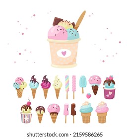 Big set of delicious Ice Cream. Sweet summer delicacy sundaes, gelatos, dessert, different tastes popsicle, ice-cream cones with topping. Vector illustration for print, design, web isolated on white 