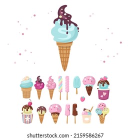 Big set of delicious Ice Cream. Sweet summer delicacy sundaes, gelatos, dessert, different tasties popsicle, ice-cream cones with topping. Vector illustration for print, design, web isolated on white 