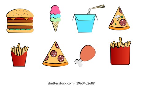 Big set of delicious sweet food and treats, fast food, burgers treats, french fries pizza, fried chicken and noodles for use as an icon, logo