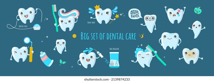 Big set of dental care. Vector Illustration of cute teeth, toothpaste, toothbrush, floss, oral irrigator. Dentistry concept for pediatric dentistry and orthodontics.