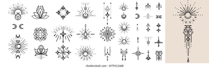 Big set of design elements for creating trendy borders, dividers,  tattoos with the sun, moon, burst symbols. Bohemian crestcent, sunburst decoration, vector graphics isolated on white 