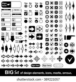 Big set of design elements icons, marks, arrows. Signing block for business documents. Collection of choise  marks.