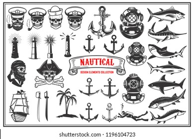 Big set of design elements for nautical emblems, seafood restaurant. Vector illustration.