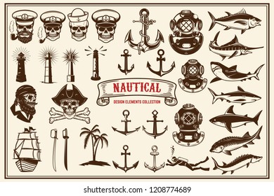 Big set of design elements for nautical emblems, seafood restaurant. Vector illustration.