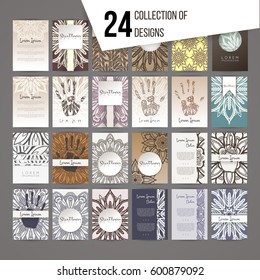 Big set of design templates. Brochures in random colorful style. Vintage frames and backgrounds. Flower, mandala design.