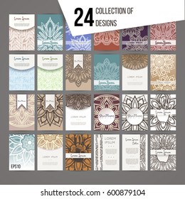 Big set of design templates. Brochures in random colorful style. Vintage frames and backgrounds. Flower, mandala design.