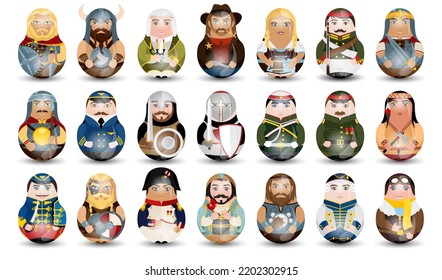 Big Set Design Tilting Toy. Various Diverse Historical Characters. Modern Kawaii Dolls For Your Business Project. Vector.