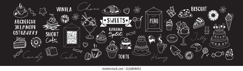 Big set of desserts and sweets food for cafe and restaurant on chalk board for menu design and decoraction, bakery products, handmade font and logo on blackboard.