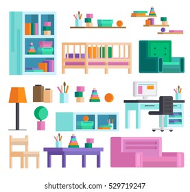 Big set of detailed interior. Children's playroom. Gather the children's room! In today's orthogonal design. Vector illustration.
