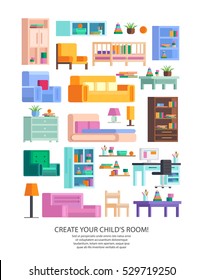 
Big set of detailed interior. Children's playroom. Gather the children's room! In today's orthogonal design. Vector illustration.

