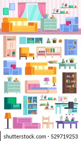 Big set of detailed interior. Children's playroom. In today's orthogonal design. Vector illustration.
