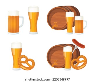 Big set of detailed pint of beer, ale, pretzel, barrel and sausage illustration for Oktoberfest poster, banner, flyer. Isolated realistic vector designs