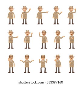 Big set of detective characters showing different hand gestures. Cheerful detective showing thumb up gesture, pointing, waving, greeting and other hand gestures. Flat vector illustration