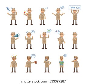 Big set of detective characters showing different actions. Cheerful detective karaoke singing, dancing, sleeping, holding banner, loudspeaker, map and doing other actions. Flat vector illustration