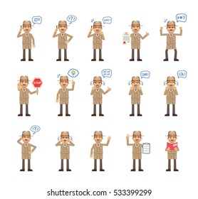 Big set of detective characters showing different actions. Cheerful detective talking on the phone, holding document, stop sign, clipboard, book and doing other actions. Flat vector illustration
