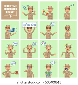Big set of detective characters showing different actions. Cheerful detective karaoke singing, dancing, sleeping, holding banner, loudspeaker, map and doing other actions. Flat vector illustration