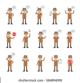 Big set of detective characters showing different actions, gestures, emotions. Cheerful inspector talking on phone, holding stop sign, document and doing other actions. Simple vector illustration