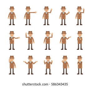 Big set of detective characters showing different hand gestures. Cheerful detective showing thumb up, pointing, greeting, victory, stop sign and other hand gestures. Simple vector illustration