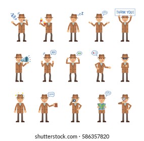 Big set of detective characters showing different actions, gestures, emotions. Cheerful inspector singing, sleeping, holding loudspeaker, banner and doing other actions. Simple vector illustration