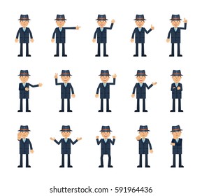 Big set of detective characters showing different hand gestures. Cheerful inspector showing thumb up, pointing, greeting, victory, stop sign and other hand gestures. Simple vector illustration